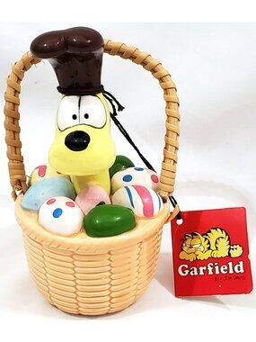 ODIE in EASTER BASKET ceramic dog Enesco Figurine from Garfield Cat Vintage 1983